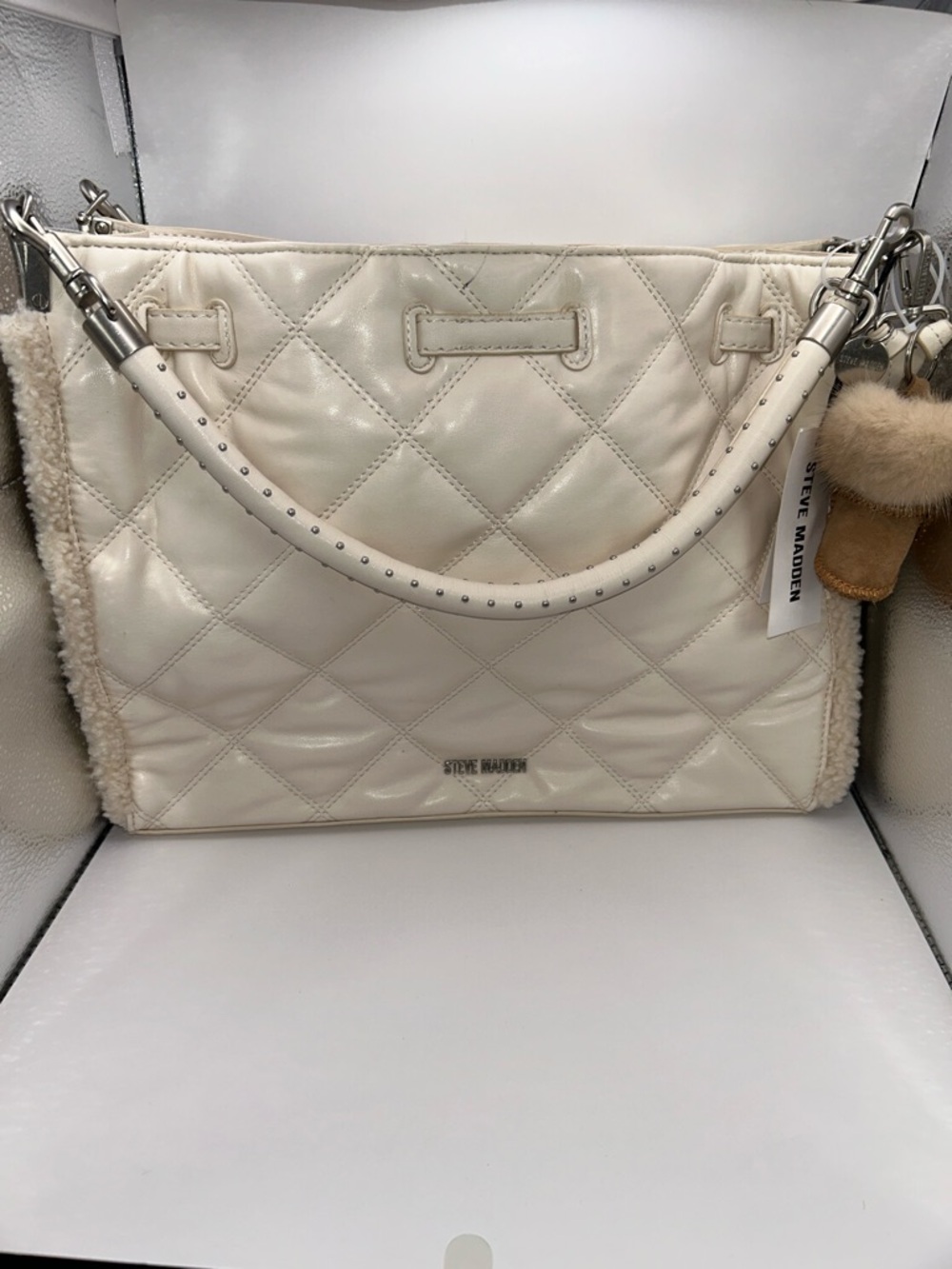 Steve Madden Cream Quilted Shoulder Bag with Shearling Trim